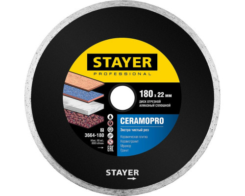 STAYER  CERAMO-22 d 180 мм (22.2 мм, 5х2.2 мм), Алмазный диск, Professional (3664-180)
