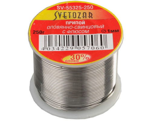 СВЕТОЗАР  ПОС 30,1мм 250г трубка с флюсом, катушка, Припой (SV-55325-250)